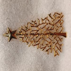Vintage 90s  Statement Christmas Tree Brooch Rhinestones 3.5" Gold Tone LARGE
